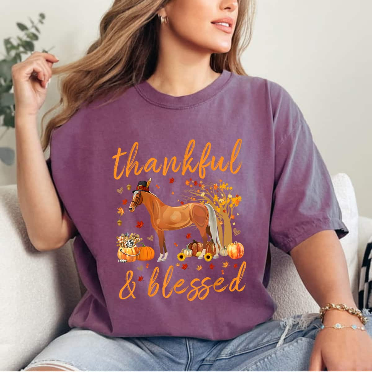 Thankful Grateful Blessed Horse Thanskgiving Matching T-Shirt