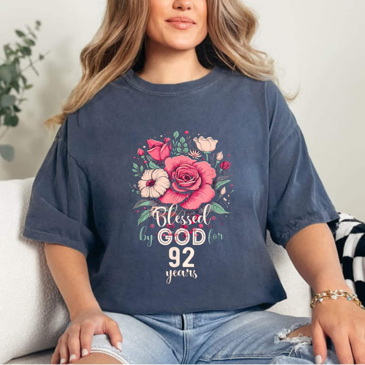 Blessed By God For 92 Years Rose Religious 92nd Birthday T-Shirt