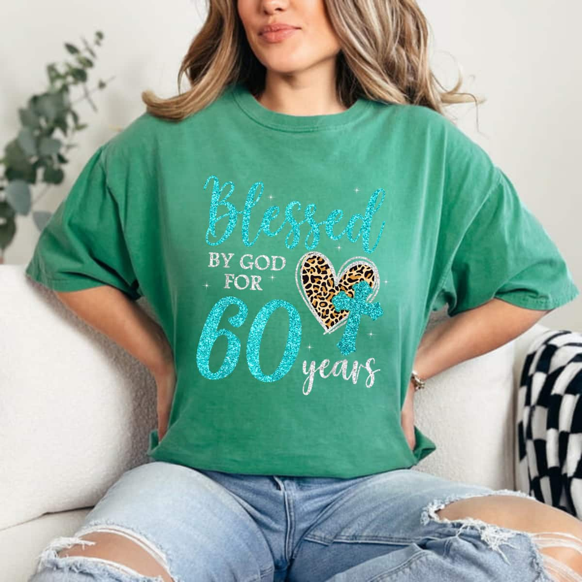 Blessed By God For 60 Years Happy 60th Bday Leopard Heart T-Shirt