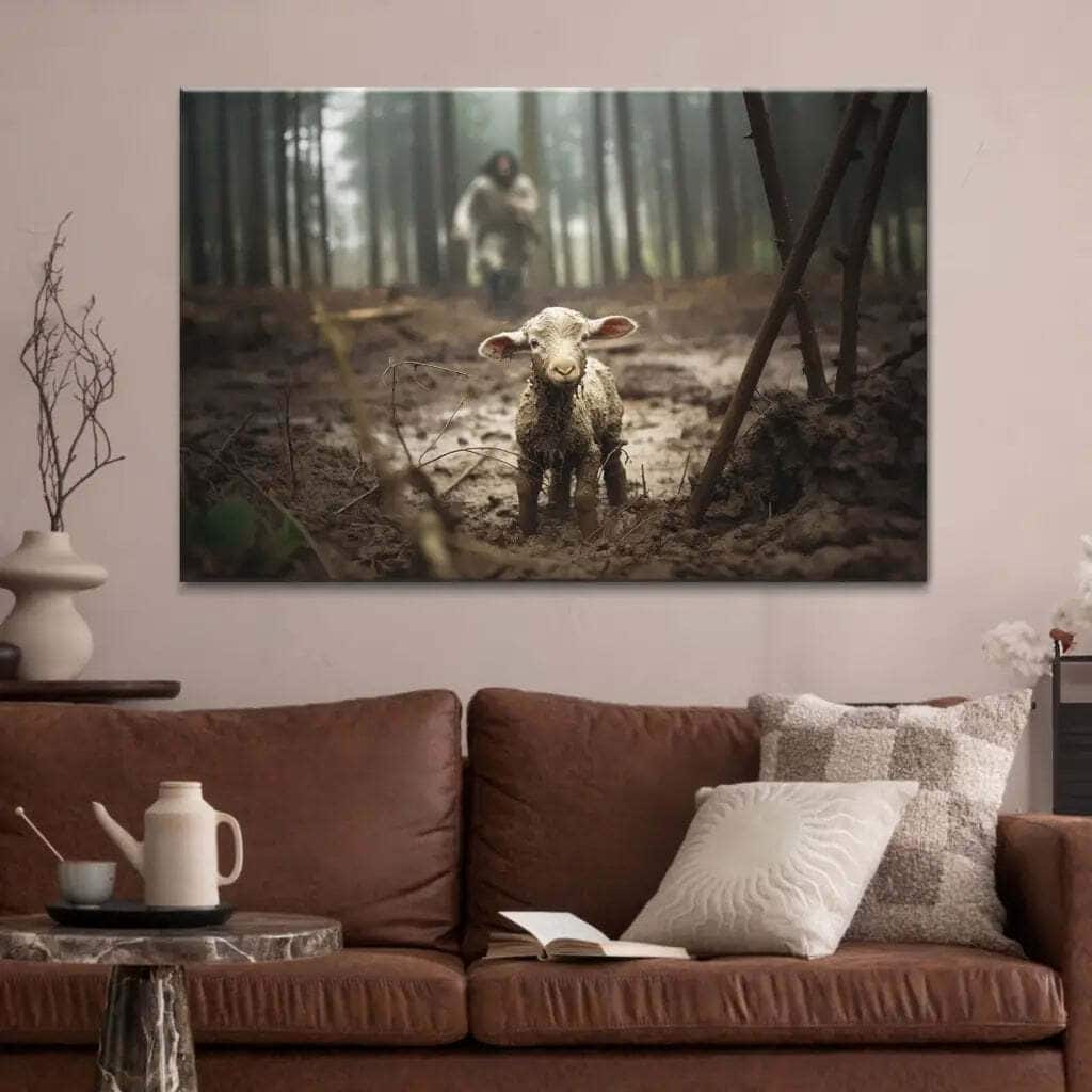 Jesus Running After A Lost Lamb Jesus And Lamb Canvas Wall Art