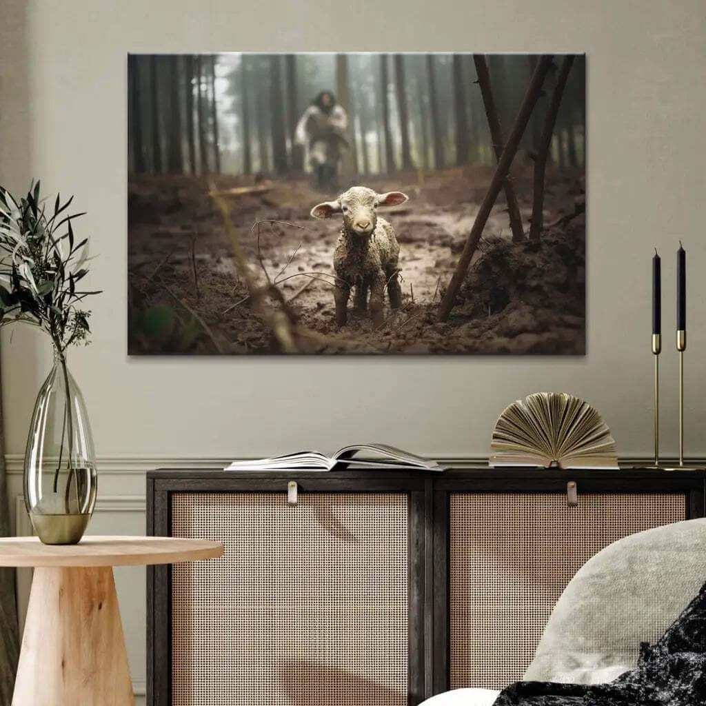 Jesus Running After A Lost Lamb Jesus And Lamb Canvas Wall Art