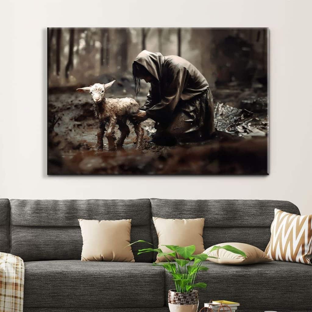 Jesus Rescues Lost Lamb Christian Religious Canvas Wall Art Gift For Believers