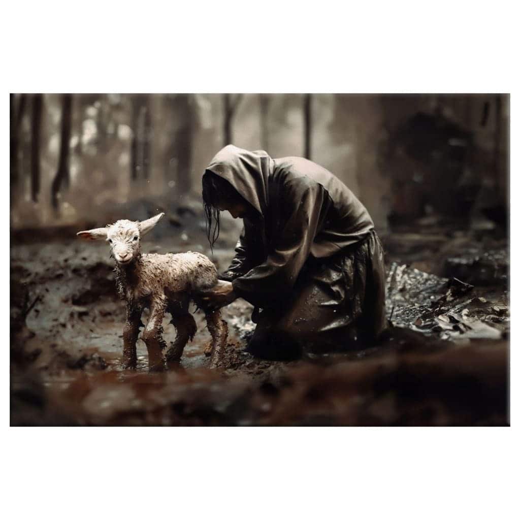 Jesus Rescues Lost Lamb Christian Religious Canvas Wall Art Gift For Believers
