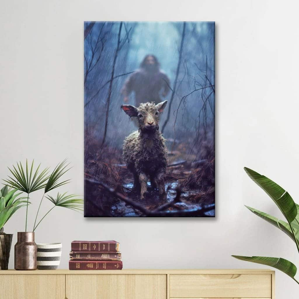 Jesus Running Toward A Lost Lamb In A Dark Rainy Forest Wall Art Canvas Canvas Print