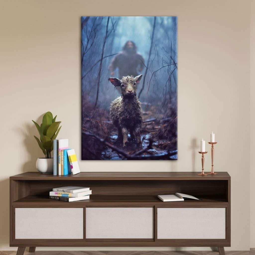Jesus Running Toward A Lost Lamb In A Dark Rainy Forest Wall Art Canvas Canvas Print Jesus Running Toward A Lost Lamb In A Dark Rainy Forest Wall Art Canvas Canvas Print