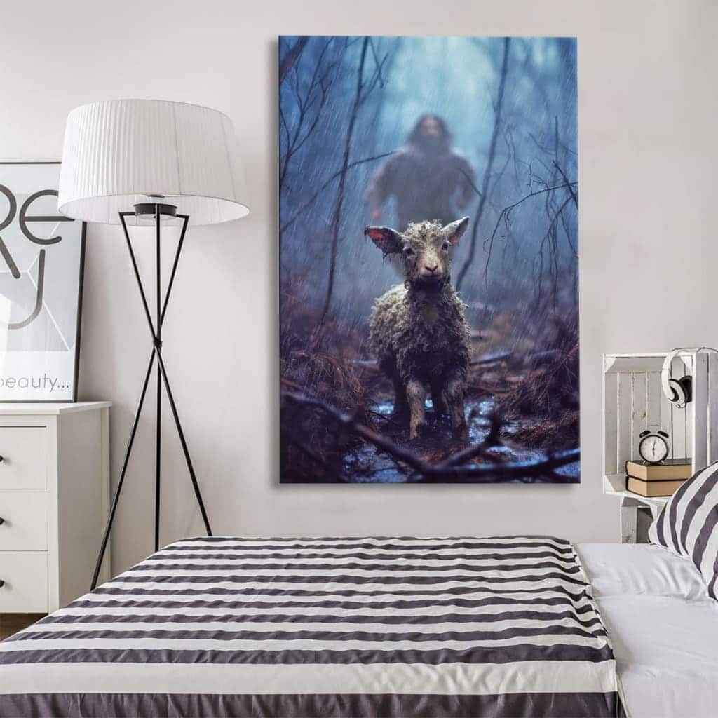 Jesus Running Toward A Lost Lamb In A Dark Rainy Forest Wall Art Canvas Canvas Print Jesus Running Toward A Lost Lamb In A Dark Rainy Forest Wall Art Canvas Canvas Print