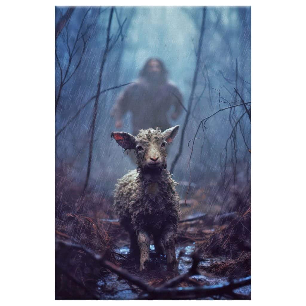 Jesus Running Toward A Lost Lamb In A Dark Rainy Forest Wall Art Canvas Canvas Print Jesus Running Toward A Lost Lamb In A Dark Rainy Forest Wall Art Canvas Canvas Print