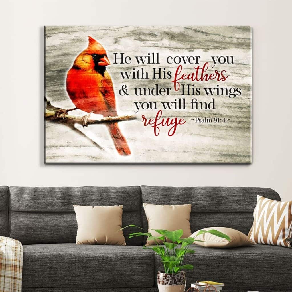 He Will Cover You With His Feathers Psalm 914 Cardinal Bird Canvas Wall Art He Will Cover You With His Feathers Psalm 914 Cardinal Bird Canvas Wall Art