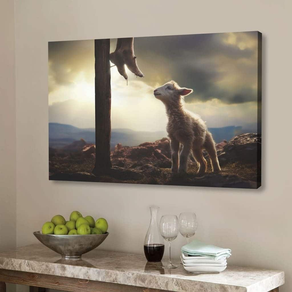 Lamb Looking Up At Feet Of Jesus Canvas Wall Art