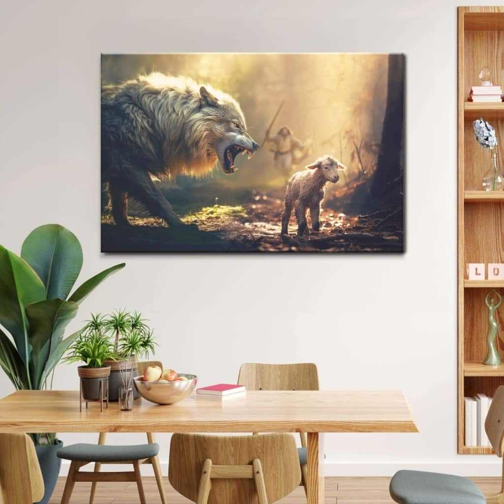 Jesus Running Towards Wolf And Lamb Canvas Wall Art