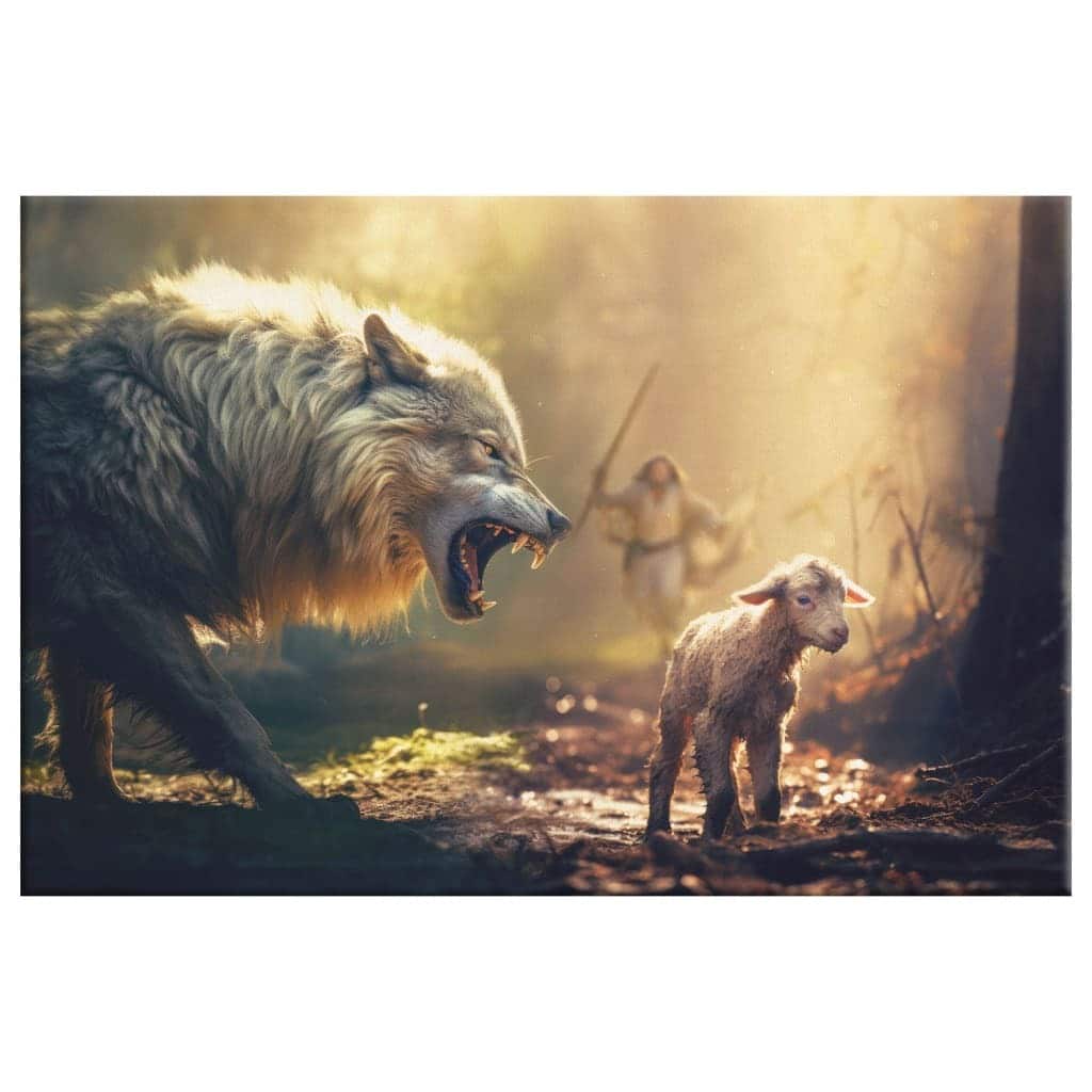 Jesus Running Towards Wolf And Lamb Canvas Wall Art