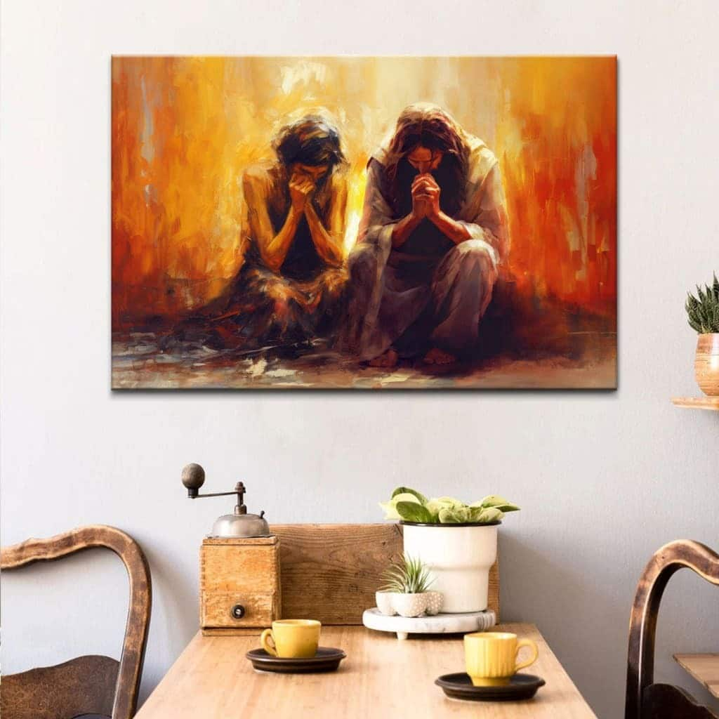 Women And Jesus Praying Gift For Christians Canvas Wall Art