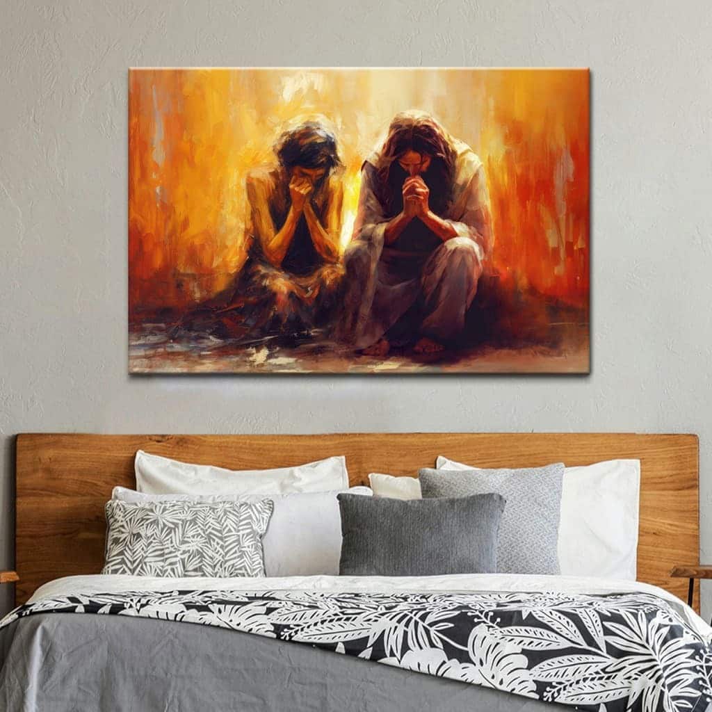 Women And Jesus Praying Gift For Christians Canvas Wall Art