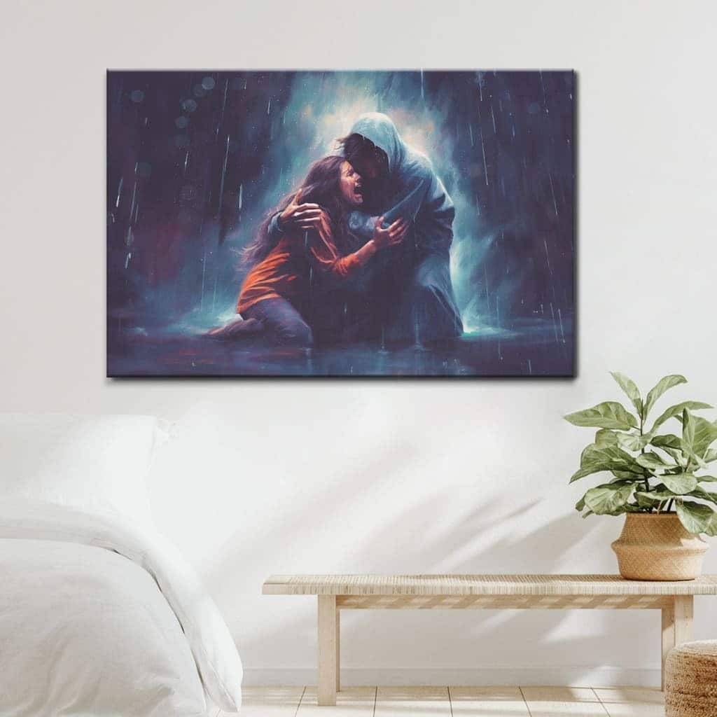 Christian Art Jesus Holds A Woman In The Storm Canvas Wall Art