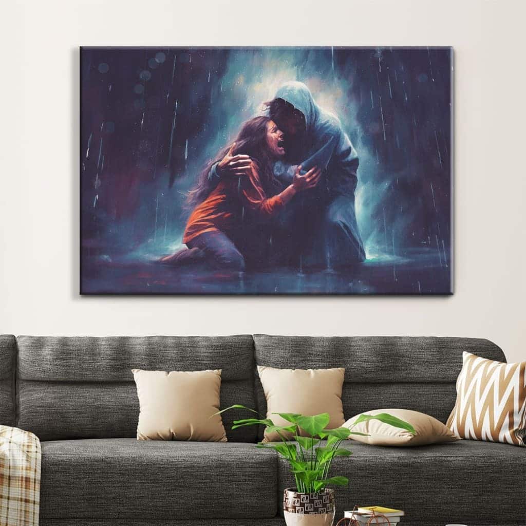 Christian Art Jesus Holds A Woman In The Storm Canvas Wall Art