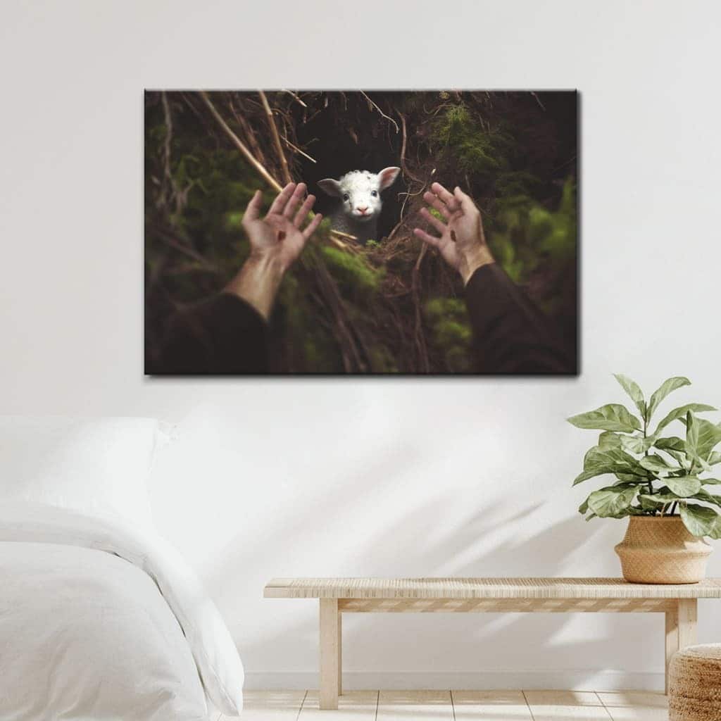 Jesus' Hand Reaching Out To Rescue A Lamb Canvas Wall Art
