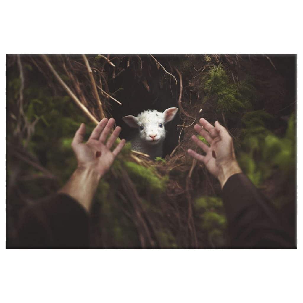 Jesus' Hand Reaching Out To Rescue A Lamb Canvas Wall Art Jesus' Hand Reaching Out To Rescue A Lamb Canvas Wall Art