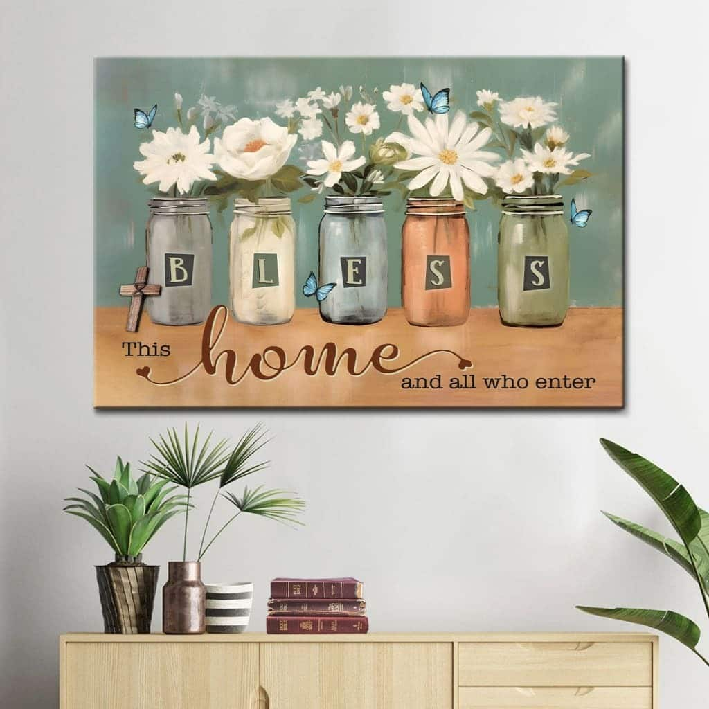 Bless This Home And All Who Enter Floral Butterfly Mason Jar Canvas Wall Art