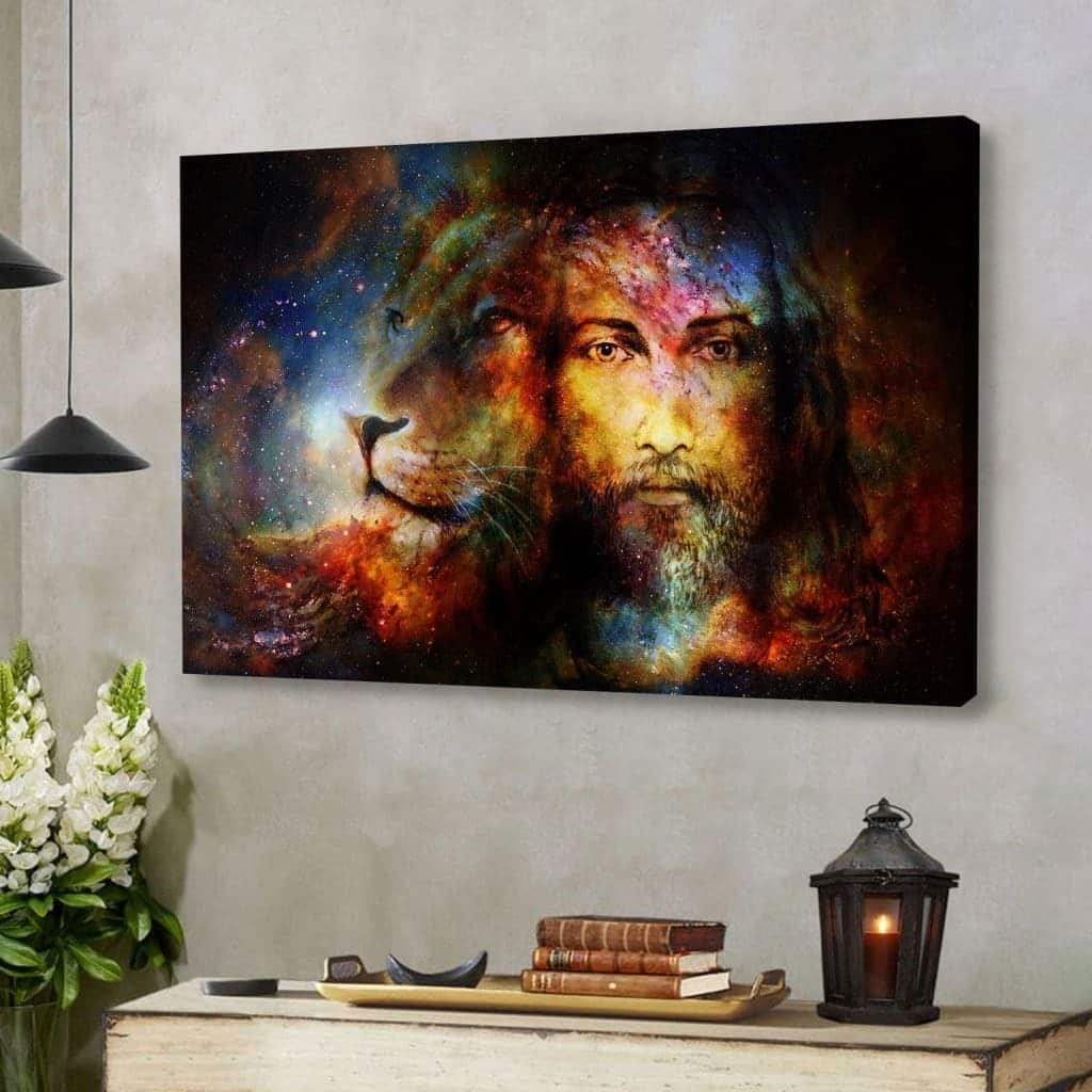 Jesus Christ With A Lion Of Judah In Cosmic Space Canvas Wall Art