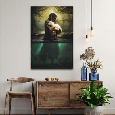 Jesus As Shepherd Carrying Lamb Through The Waters Christian Canvas Print