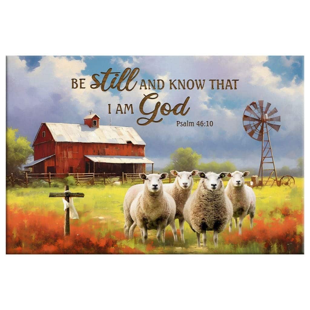 Be Still And Know That I Am God Psalm 46:10 Red Barn And Sheep Canvas Wall Art