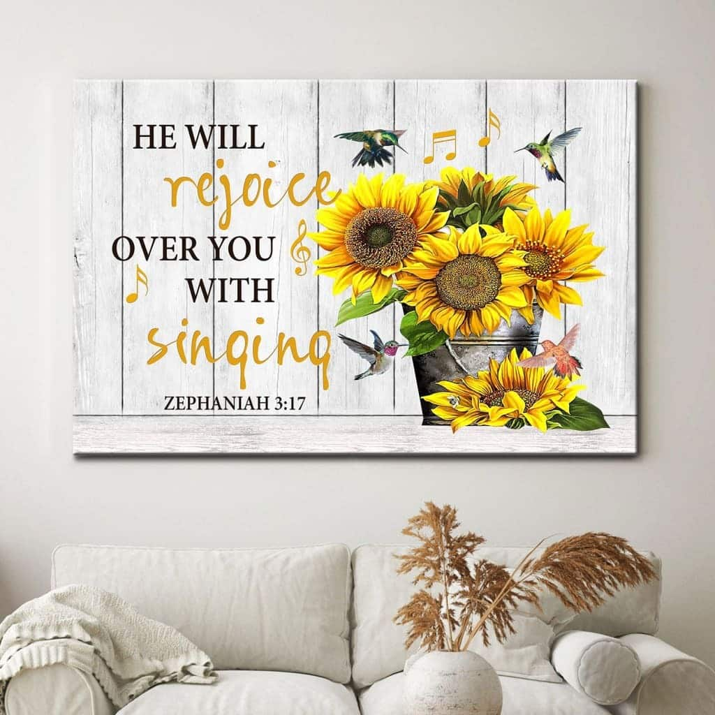 Zephaniah 3:17 He Will Rejoice Over You With Singing Bible Verse Canvas Wall Art