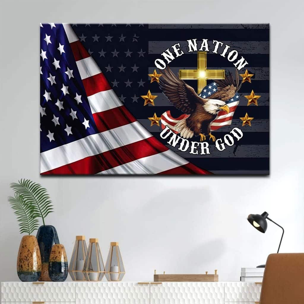 One Nation Under God Bald Eagle American Flag Cross Canvas Wall Art