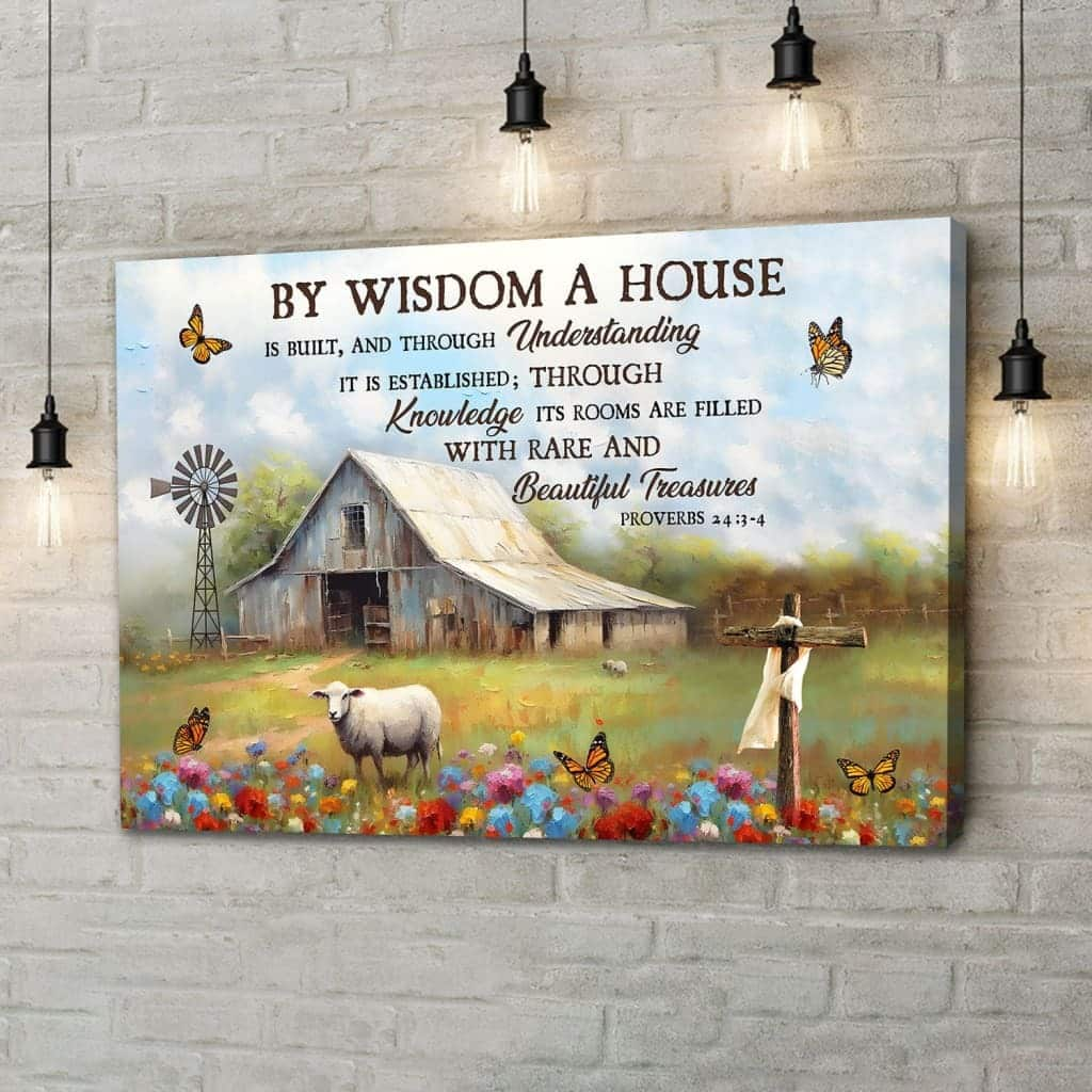 Proverbs 24:3-4 By Wisdom A House Is Built Old Barn Sheep Canvas Wall Art