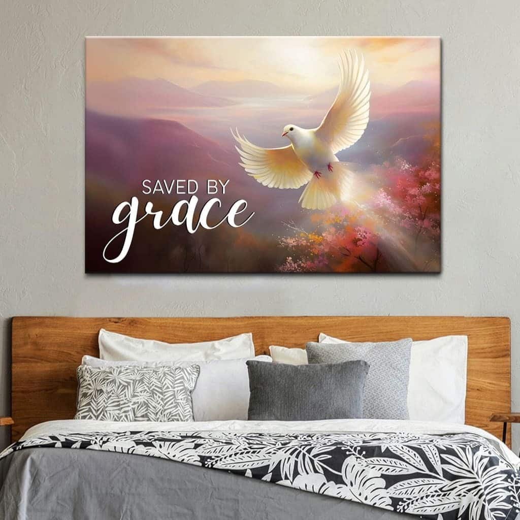 Saved By Grace Divine Sunrise And Dove Christian Canvas Wall Art