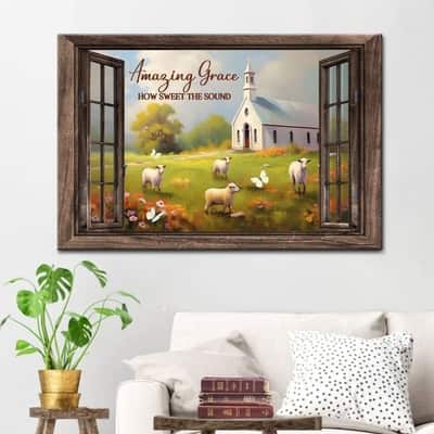 Amazing Grace How Sweet The Sound Sheep Church In Field Canvas Wall Art