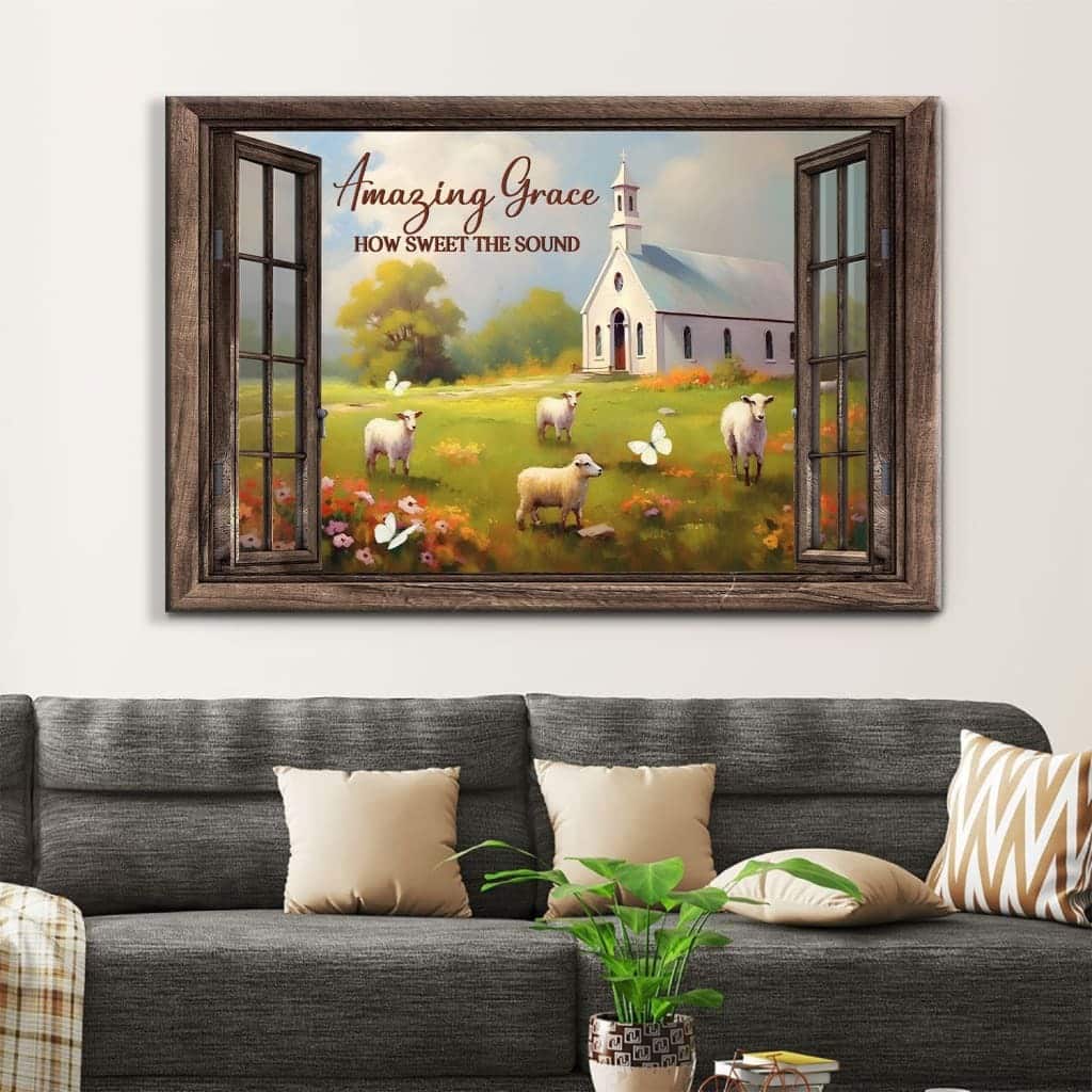 Amazing Grace How Sweet The Sound Sheep Church In Field Canvas Wall Art