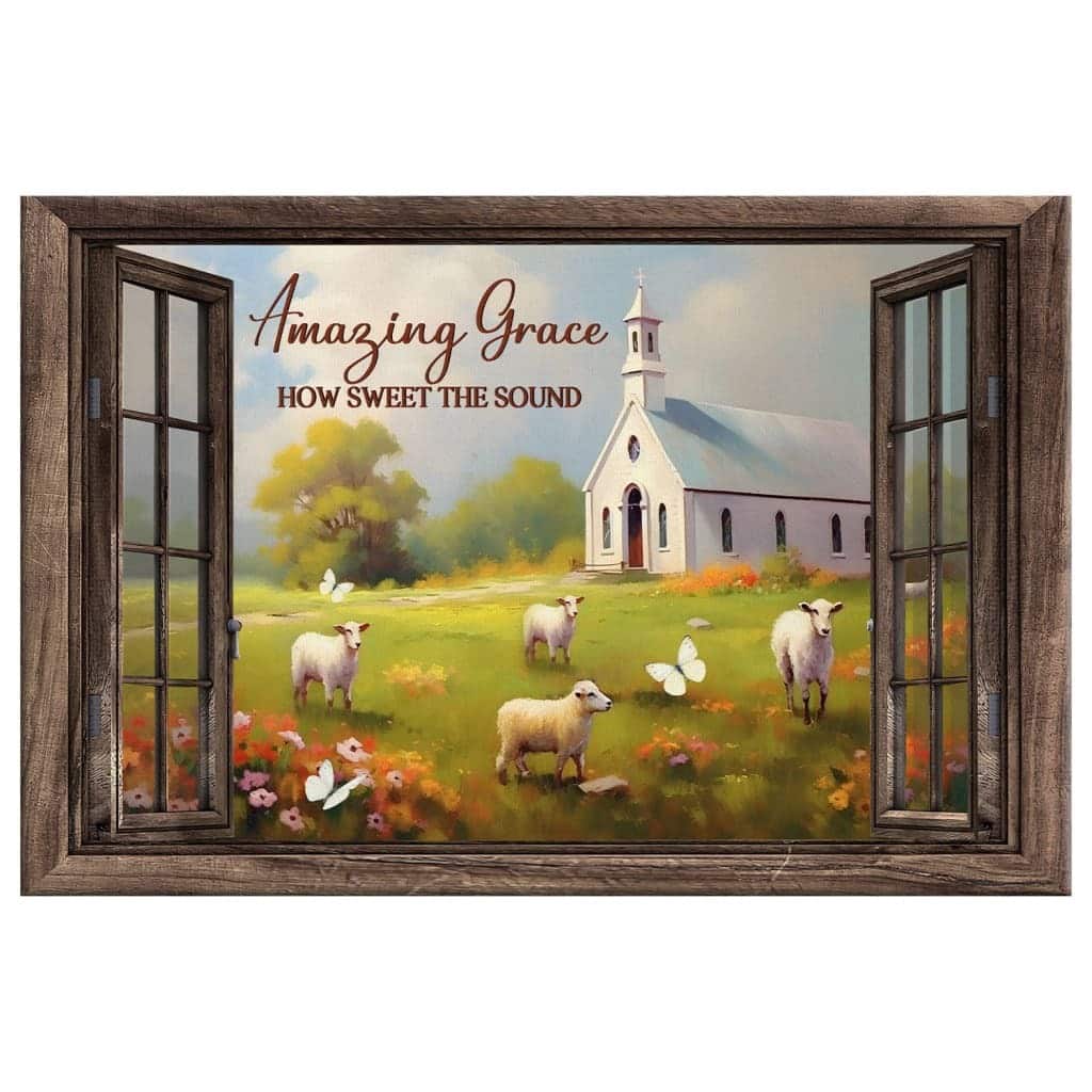 Amazing Grace How Sweet The Sound Sheep Church In Field Canvas Wall Art