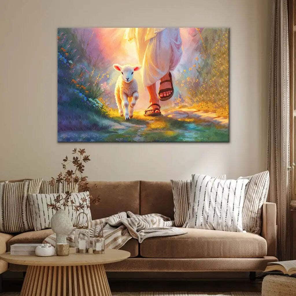 Jesus Walking With Lamb Christian Religious Canvas Wall Art