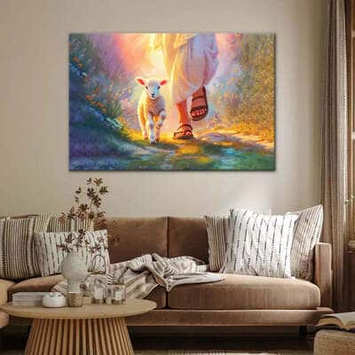 Jesus Walking With Lamb Christian Religious Canvas Wall Art