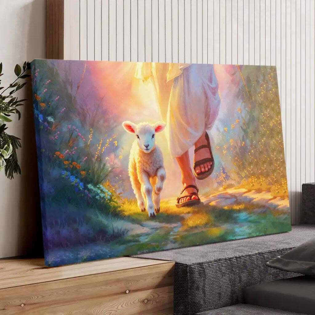 Jesus Walking With Lamb Christian Religious Canvas Wall Art