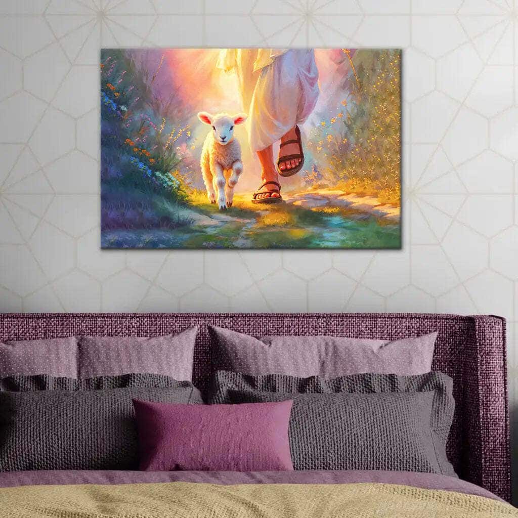 Jesus Walking With Lamb Christian Religious Canvas Wall Art