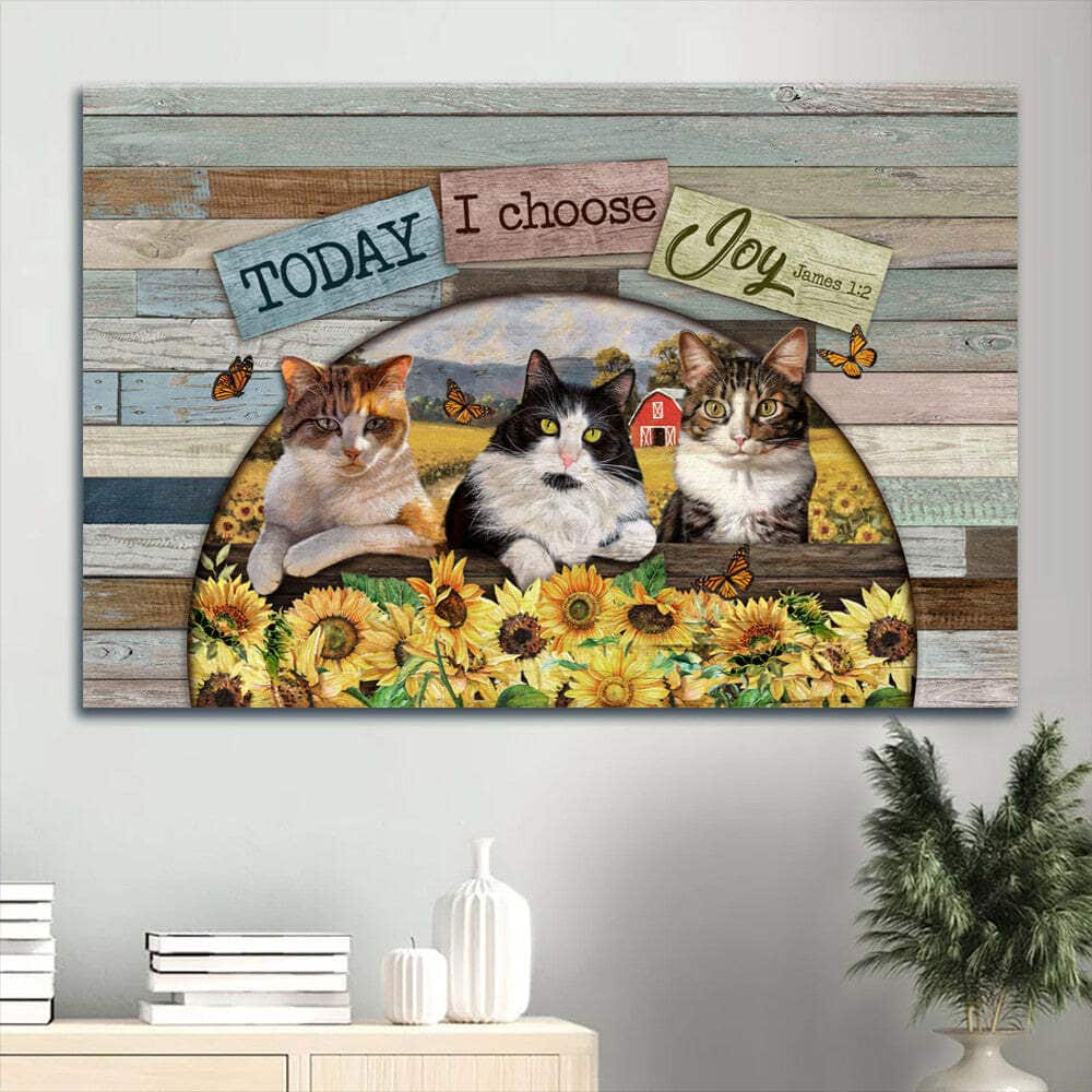 Cat Sunflower Field Butterfly James 1:2 Today I Choose Joy Canvas Wall Art