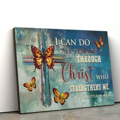 Philippians 4:13 I Can Do All Things Through Christ Butterflies Cross Canvas Wall Art
