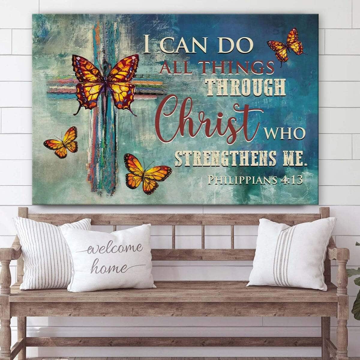 Philippians 4:13 I Can Do All Things Through Christ Butterflies Cross Canvas Wall Art