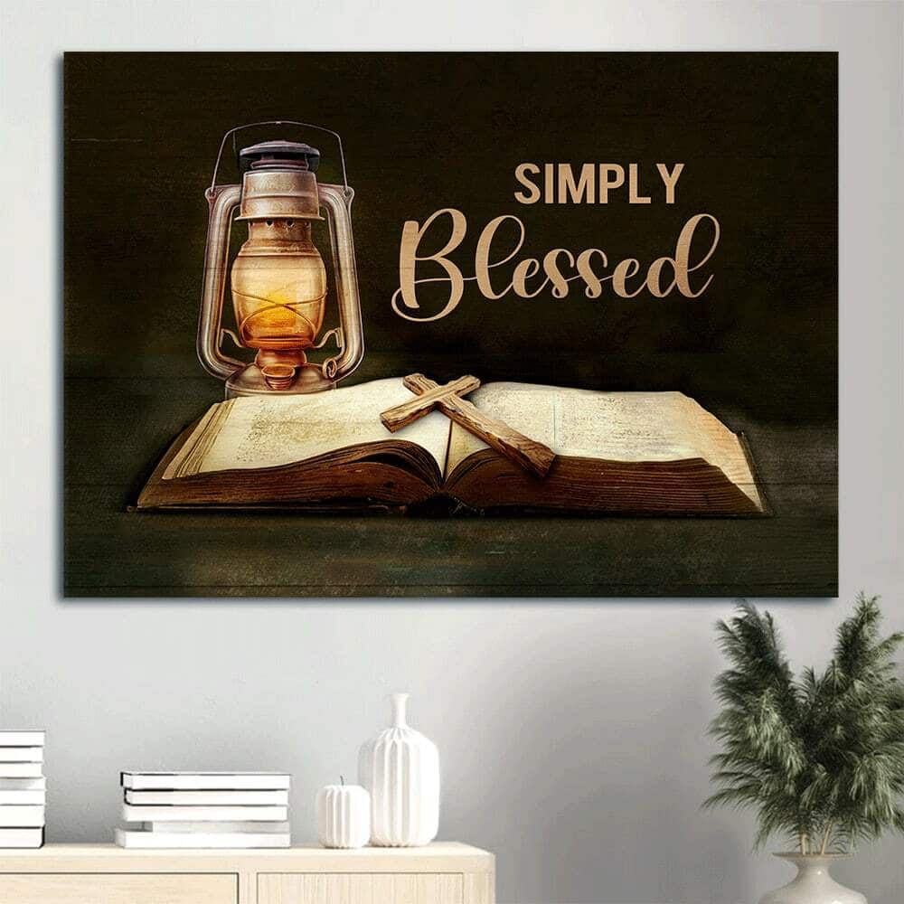 Vintage Bible Cross Simply Blessed Canvas Wall Art