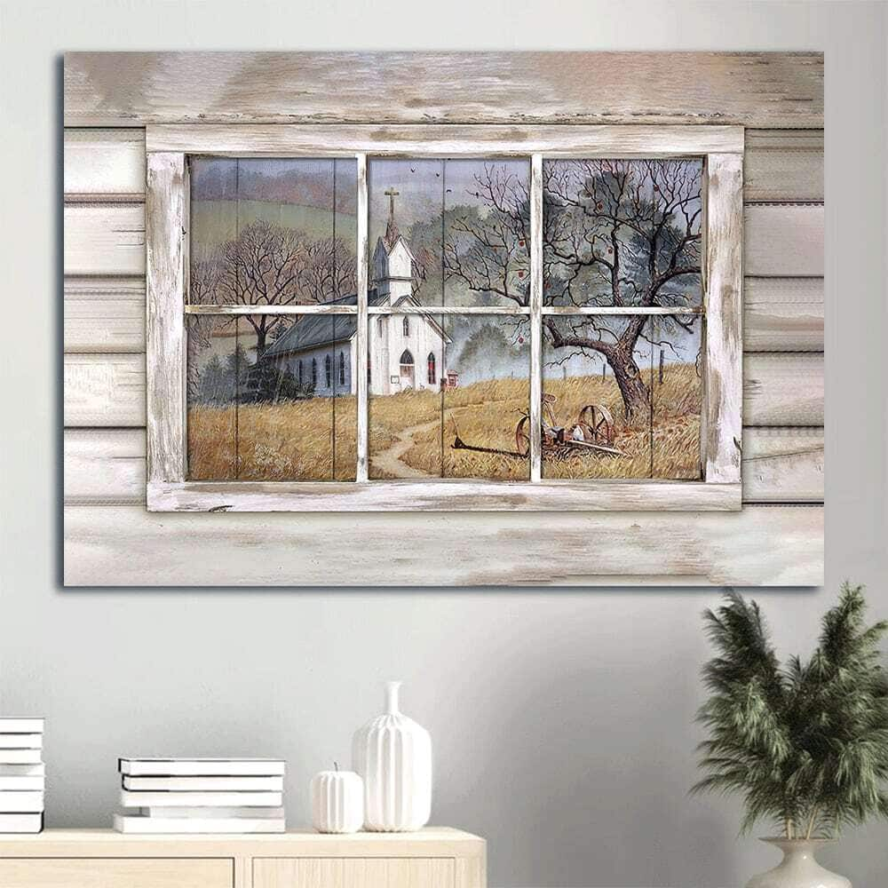 Country Church Through Rustic Window Yellow Meadow Canvas Wall Art