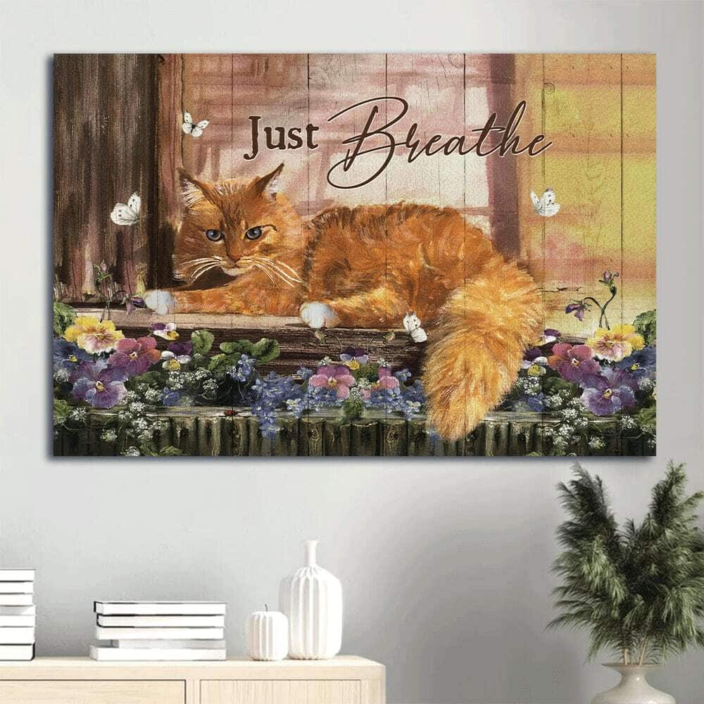 Cute Cat Purple Flower White Butterfly Just Breathe Canvas Wall Art