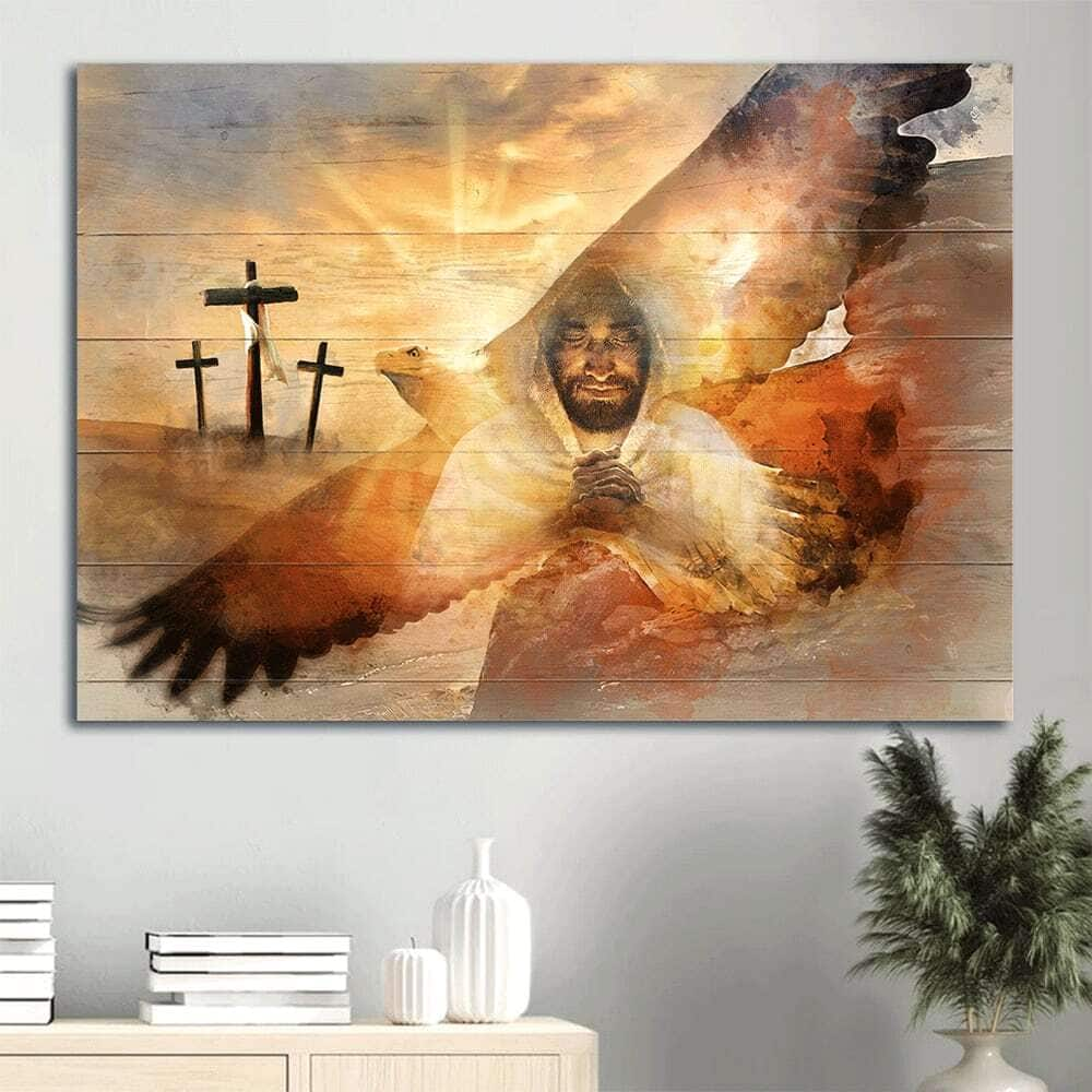 Bald Eagle Three Wooden Crosses The Lord's Prayer Canvas Wall Art