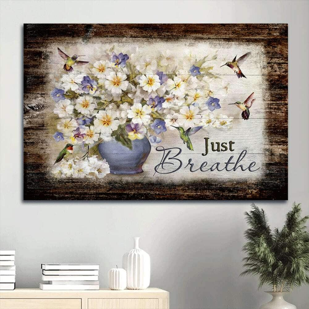 Bacopa Plant Flower Vase Hummingbirds Just Breathe Canvas Wall Art