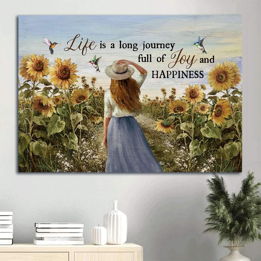 Beautiful Girl Sunflower Field Life Is A Long Journey Canvas Wall Art