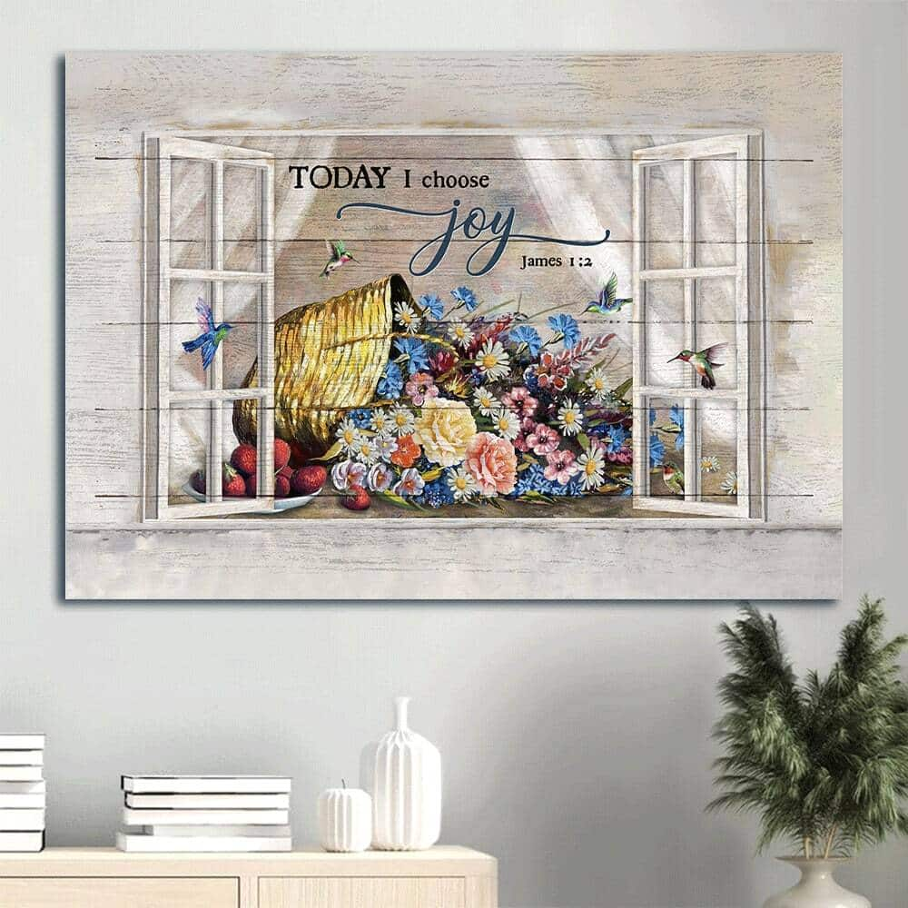 Colorful Flower Hummingbird Window Frame James 1:2 Today I Choose Joy Canvas Wall Art