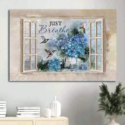 Blue Hydrangea Green Hummingbird Just Breathe Canvas Wall Art