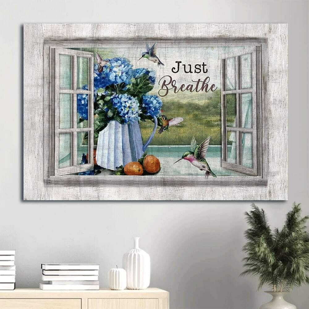 Blue Hydrangea Beautiful Hummingbird Window Just Breathe Canvas Wall Art Blue Hydrangea Beautiful Hummingbird Window Just Breathe Canvas Wall Art