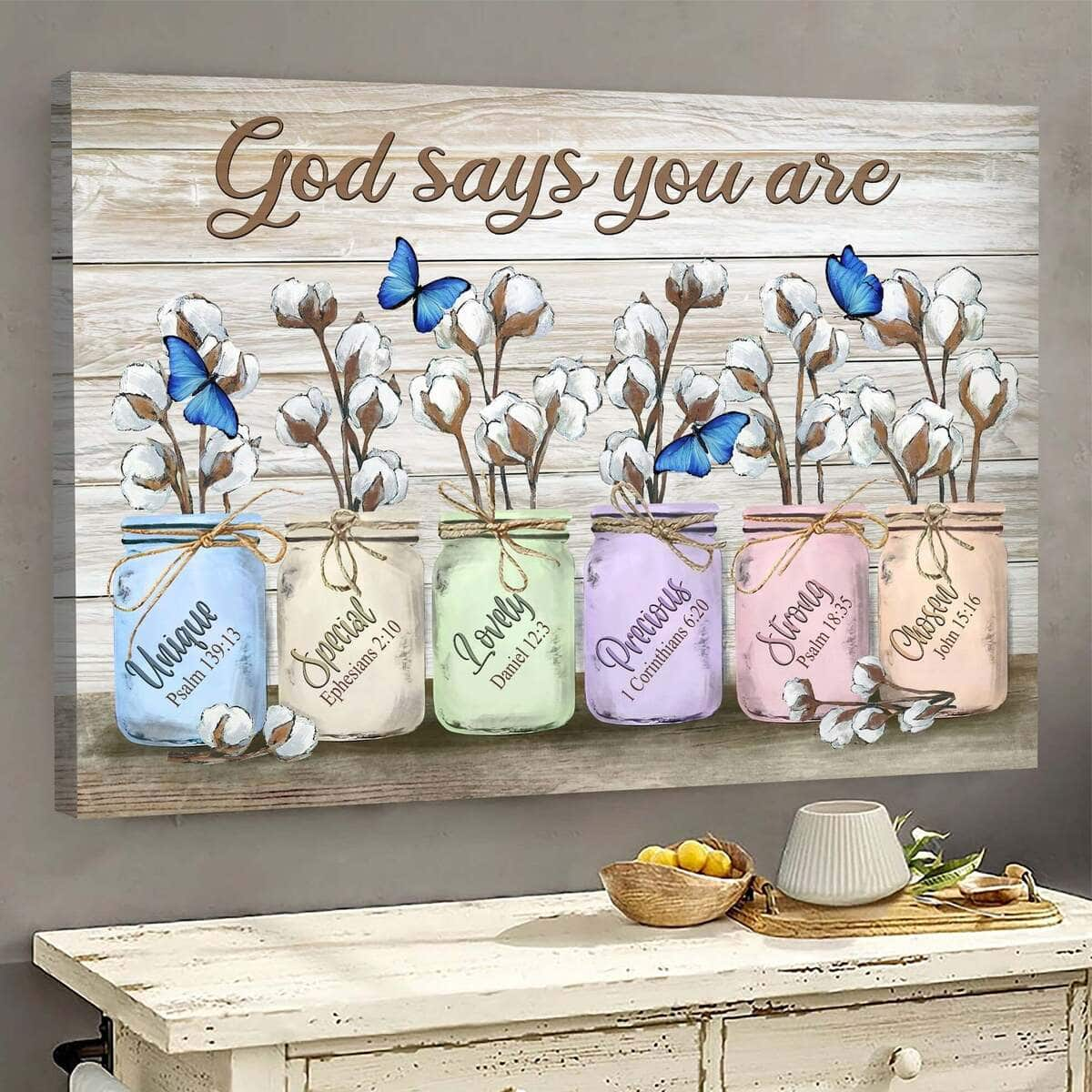 Blue Butterfly Cotton Flower Jar God Says You Are Canvas Wall Art