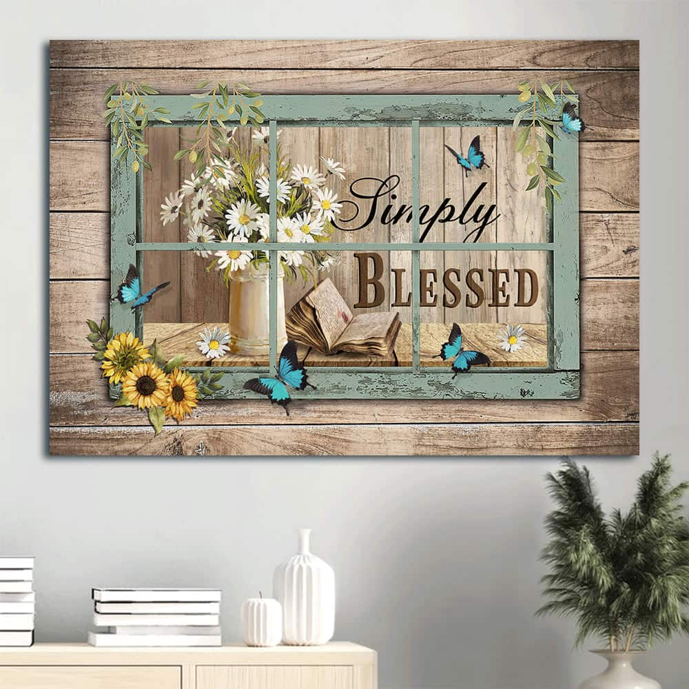 Bible Book Daisy Flowers Sunflower Simply Blessed Canvas Wall Art